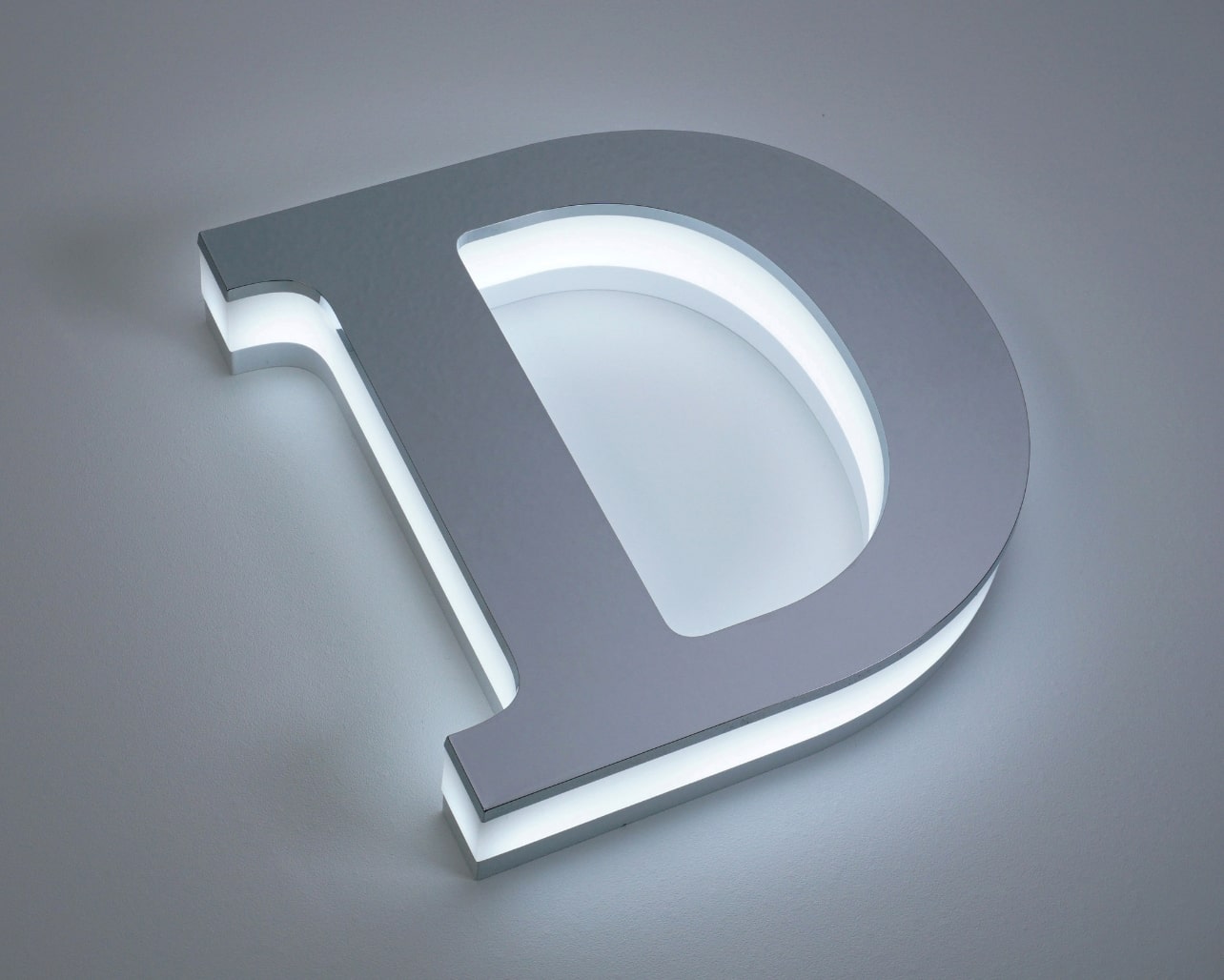 Surface: Taff Lite 2mm Thick / Semi-Straight Cut Chrome Body: Special Luminance Resin 15mm Thick / Straight Cut Acrylic 8mm Thick Custom White Painted Light Source: SMD-LED Natural White